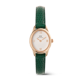 Ophelia Mini Green Lizard White Guilloché Rose Gold watch featuring a petite oval rose gold case, white guilloché dial with rose gold Roman numerals, and a green lizard embossed leather strap.