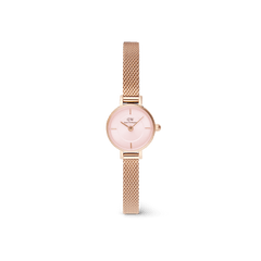 Petite Mini Blush Melrose features a blush pink sunray dial, petite 19mm rose gold case, and a slim rose gold mesh strap, offering a refined and lightweight accessory for everyday wear.