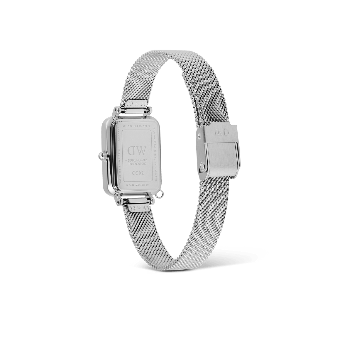 Rear view of the Daniel Wellington Quadro Crystal Zodiac Sterling Set, showing the stainless steel rectangular case and adjustable silver mesh strap with secure clasp.