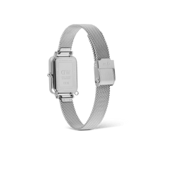Rear view of the Daniel Wellington Quadro Crystal Zodiac Sterling Set, showing the stainless steel rectangular case and adjustable silver mesh strap with secure clasp.