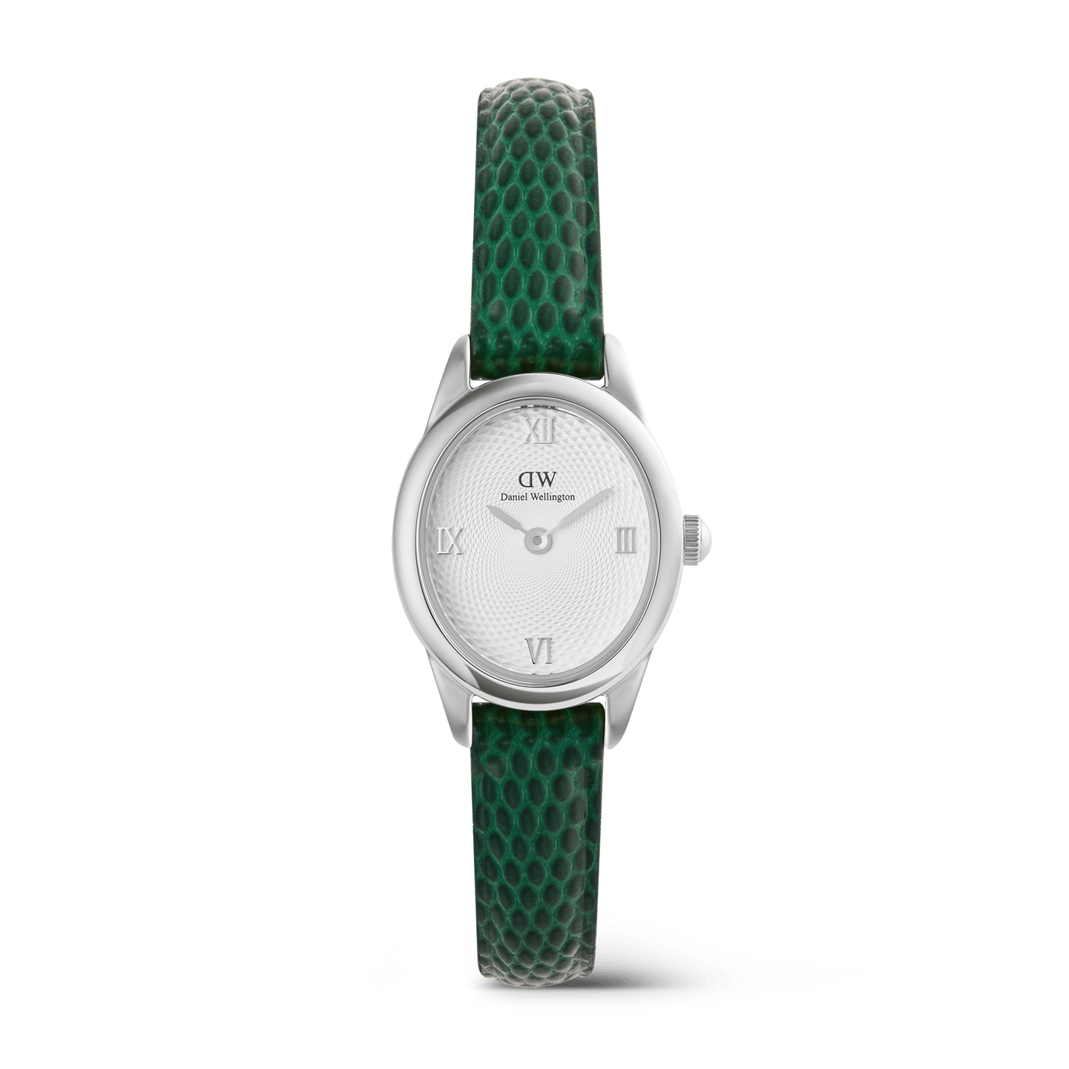 Daniel Wellington Ophelia Mini Green Lizard White Guilloché Silver watch with a petite oval silver case, textured white dial featuring Roman numerals, and a green lizard-embossed leather strap.
