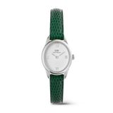 Daniel Wellington Ophelia Mini Green Lizard White Guilloché Silver watch with a petite oval silver case, textured white dial featuring Roman numerals, and a green lizard-embossed leather strap.