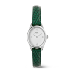 Daniel Wellington Ophelia Mini Green Lizard White Guilloché Silver watch with a petite oval silver case, textured white dial featuring Roman numerals, and a green lizard-embossed leather strap.