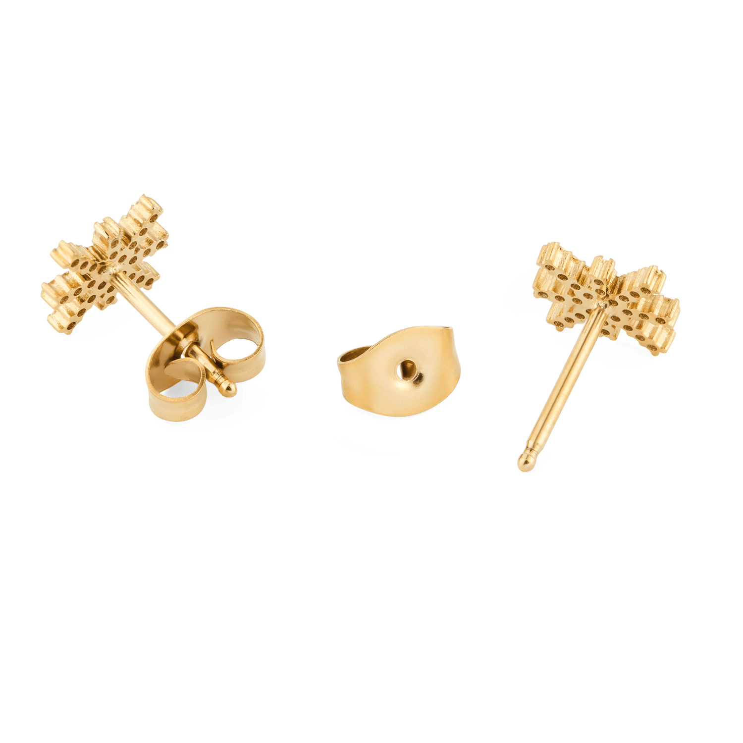 Back view of Mirelle Star Earring Gold stud earrings showing the detailed gold starburst design, sturdy posts, and separate butterfly backs.