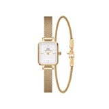 Quadro Mini Evergold & Bracelet 1.8 set featuring a petite rectangular gold mesh strap watch with a minimalist white dial, paired with a matching slim gold mesh bracelet with an adjustable clasp.