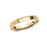 Classic Aura Ring Gold featuring a slim gold band with a polished finish, engraved branding, and a refined row of sparkling white crystals along the edge.