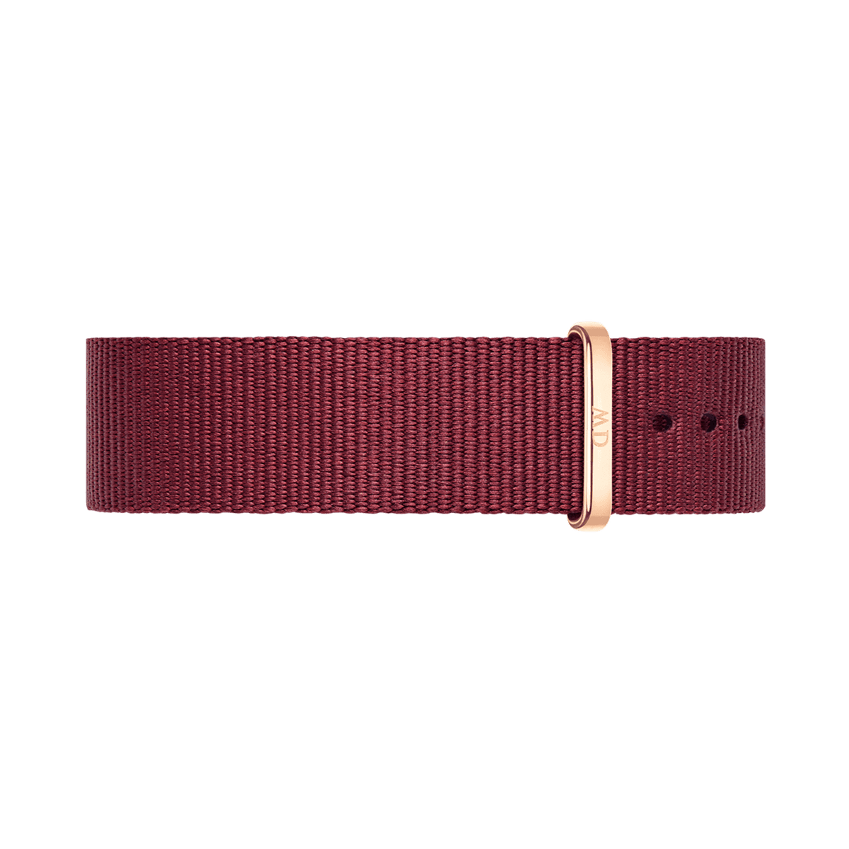 NATO style watch strap in rich ruby red polyester with a rose gold buckle, featuring a slim, minimalist design and adjustable fit.