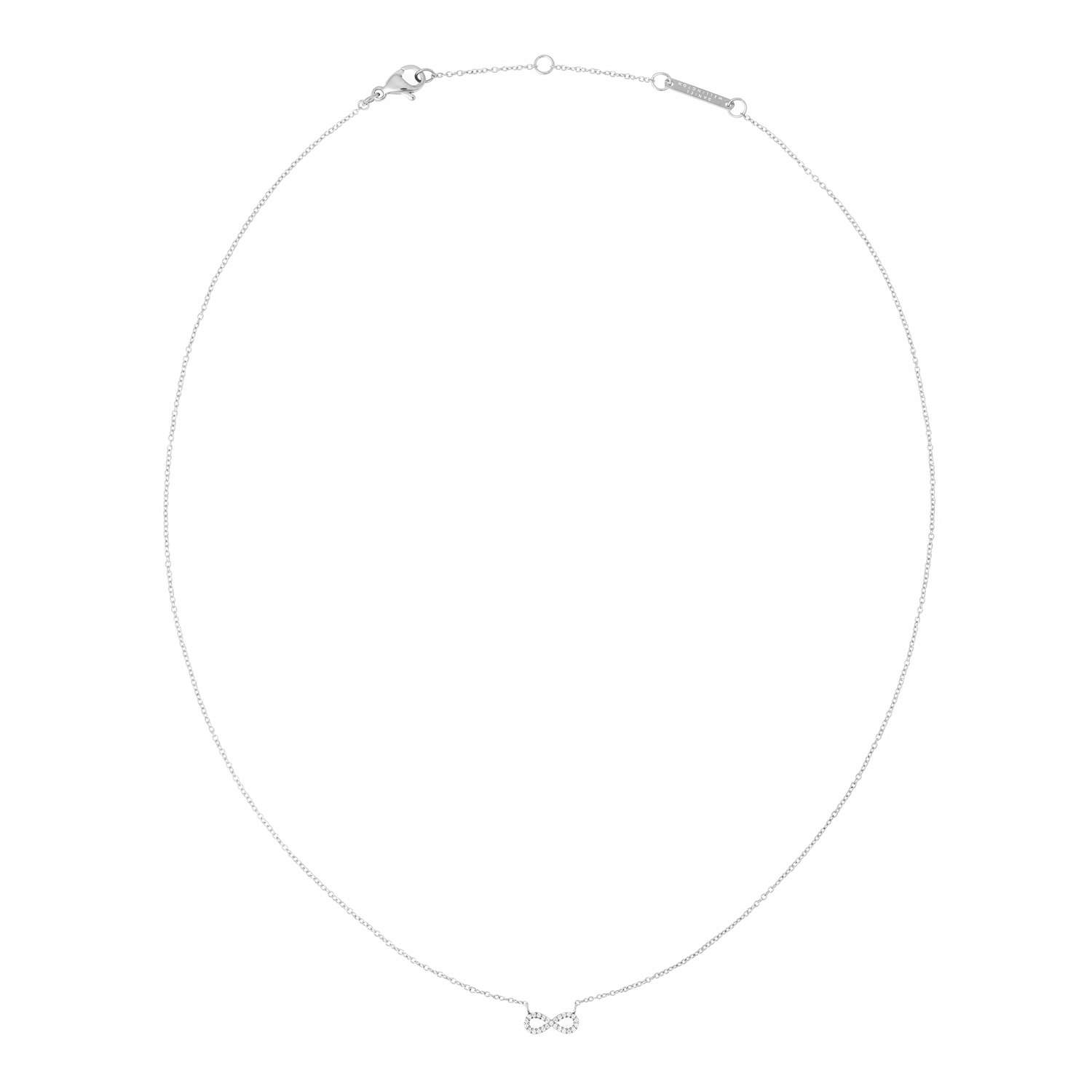 Fine silver chain necklace featuring a minimalist infinity pendant set with white cubic zirconia crystals, designed for everyday wear and easy layering.