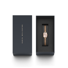 Quadro Mini Melrose Blush watch with a rose gold mesh strap and blush pink dial, elegantly presented in a branded gift box, ideal for gifting or adding to your collection.