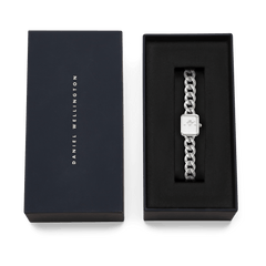 Jolie Chain Silver ladies watch with a chunky silver chain bracelet and square white dial, presented in a sleek Daniel Wellington gift box.