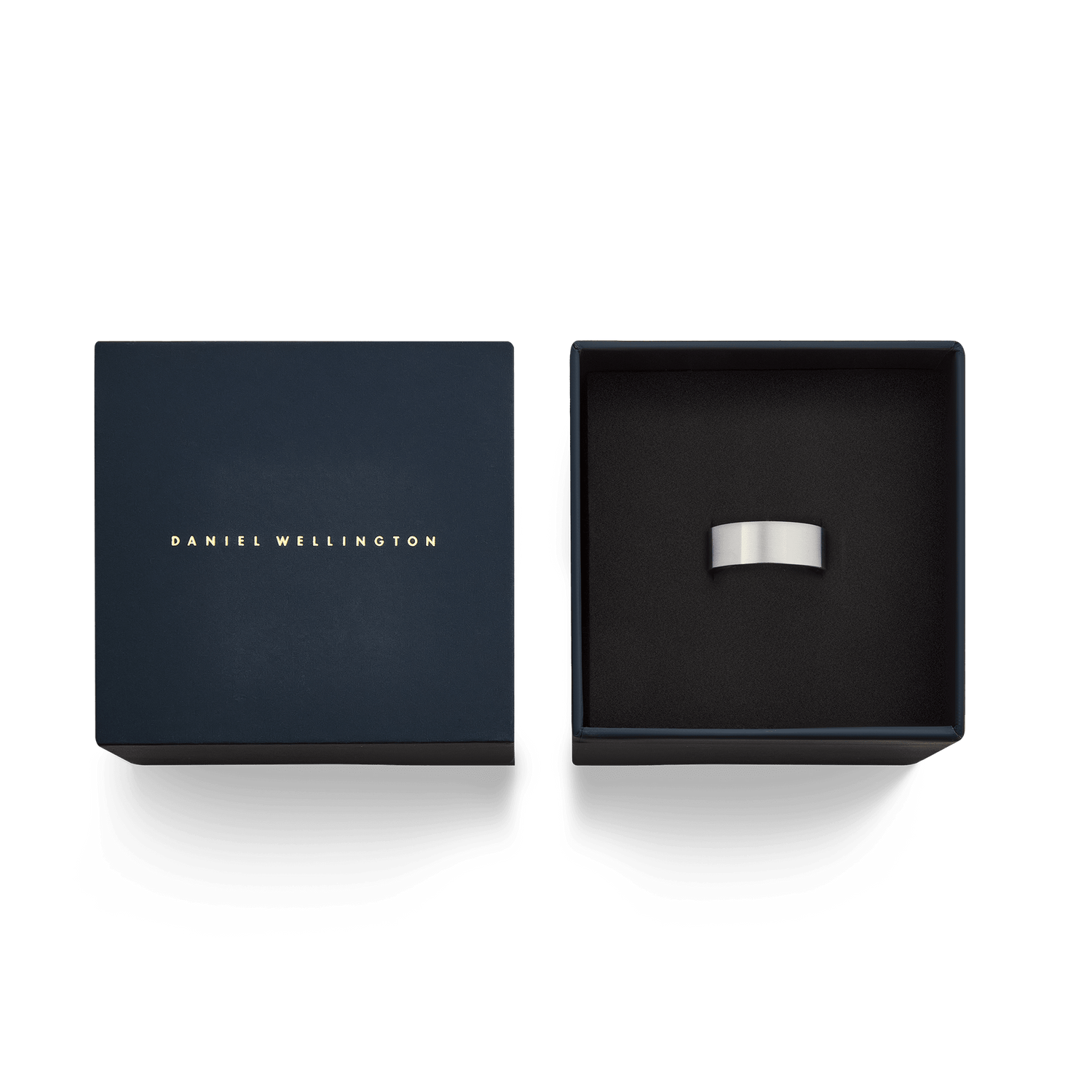 Line Ring Brushed Silver 8mm presented in a sleek Daniel Wellington gift box, highlighting its wide brushed silver band and minimalist design, ideal for gifting or adding to your jewellery collection.