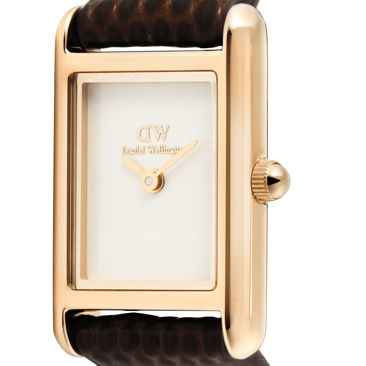 Close-up of the Bound Mini Dark Brown Lizard Rose Gold watch showing the polished rose gold rectangular case, minimalist white dial, and textured brown lizard-grain leather strap.