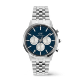 Iconic Chronograph Arch 5-Link Arctic Panda Silver men's watch featuring a polished stainless steel bracelet, blue dial with contrasting silver sub-dials, and a classic round case.