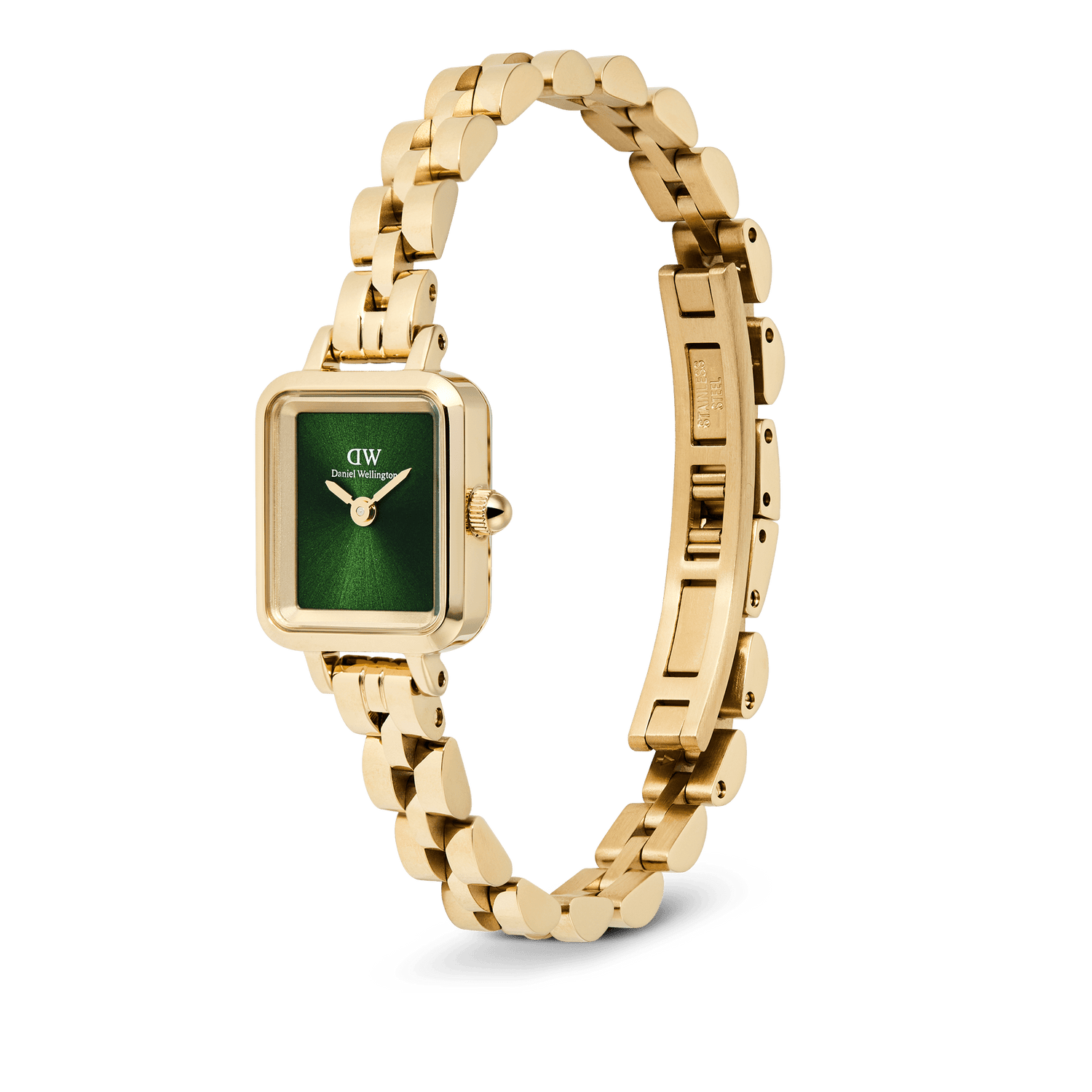 Quadro Mini Arch 3-link Emerald Sunray Gold ladies watch with a rectangular gold case, emerald green sunray dial, and an open polished gold 3-link bracelet showing the seamless butterfly clasp.