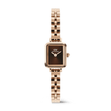 Quadro Mini Arch 3-link Amber Sunray Rose Gold ladies watch featuring a petite rectangular brown sunray dial, polished rose gold 3-link bracelet, and minimalist face, designed for small wrists and everyday wear.