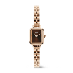 Quadro Mini Arch 3-link Amber Sunray Rose Gold ladies watch featuring a petite rectangular brown sunray dial, polished rose gold 3-link bracelet, and minimalist face, designed for small wrists and everyday wear.