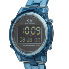 Close-up of the Retro Digital Light Blue Light Blue watch by Daniel Wellington, highlighting its transparent light blue link bracelet, round black digital dial, and yellow LED display with digital chronograph features.