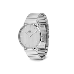 Classic Piano Link Silver Unitone men's watch with a 40mm brushed silver dial, minimalist markers, and a geometric stainless steel bracelet, shown at an angle to highlight its sleek and modern design.
