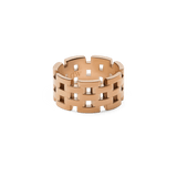 Wide rose gold ring with a bold geometric link design and polished finish, crafted from stainless steel and featuring subtle gaps for a distinctive, modern look.