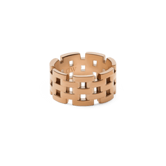 Wide rose gold ring with a bold geometric link design and polished finish, crafted from stainless steel and featuring subtle gaps for a distinctive, modern look.
