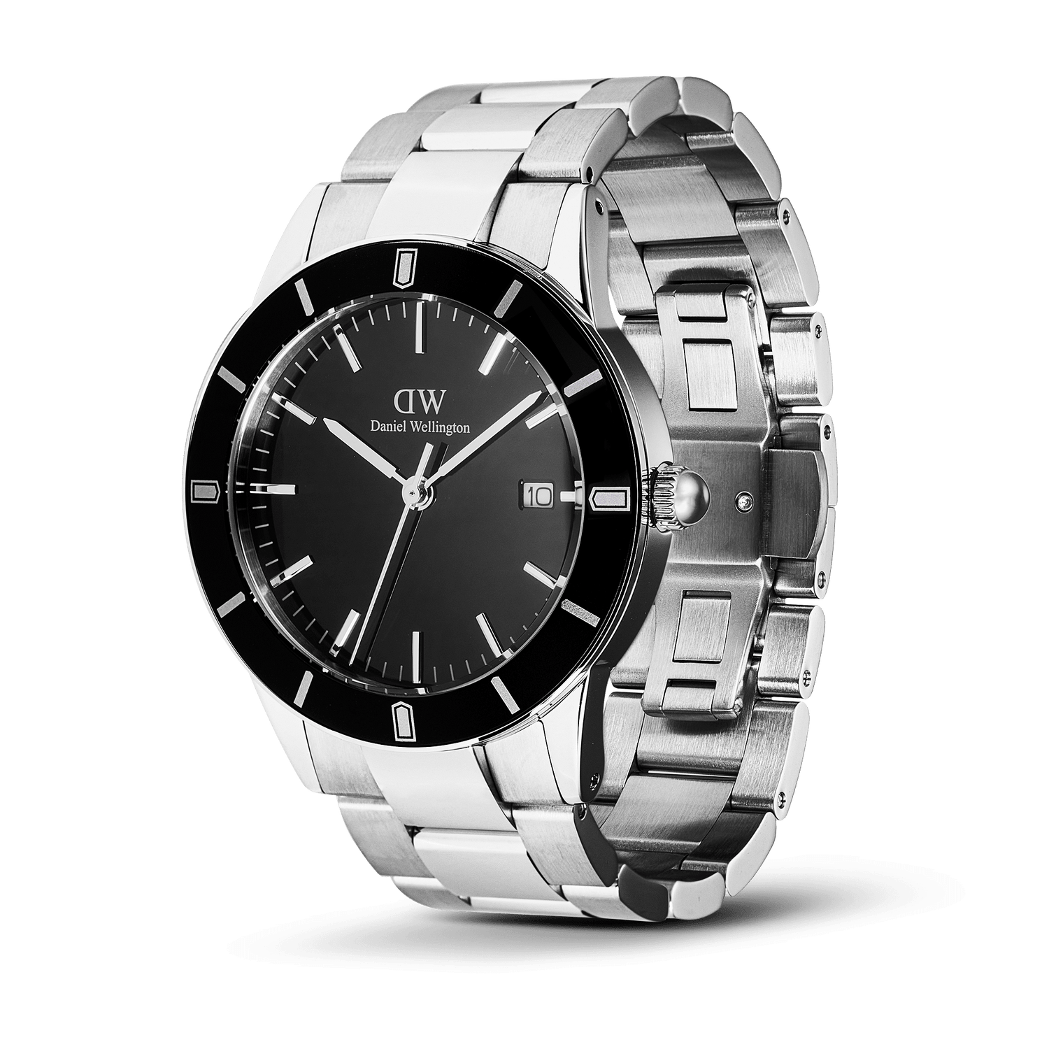 Iconic Paradigma Link Black Enamel watch with a 40mm stainless steel case, minimalist black dial, silver-tone three-link bracelet, and a distinctive index bezel, designed for versatile everyday wear.