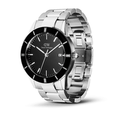 Iconic Paradigma Link Black Enamel watch with a 40mm stainless steel case, minimalist black dial, silver-tone three-link bracelet, and a distinctive index bezel, designed for versatile everyday wear.