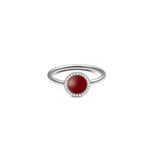 Slim silver ring featuring a domed red agate stone surrounded by a halo of white cubic zirconia crystals, showcasing a refined and elegant design.