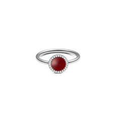 Slim silver ring featuring a domed red agate stone surrounded by a halo of white cubic zirconia crystals, showcasing a refined and elegant design.