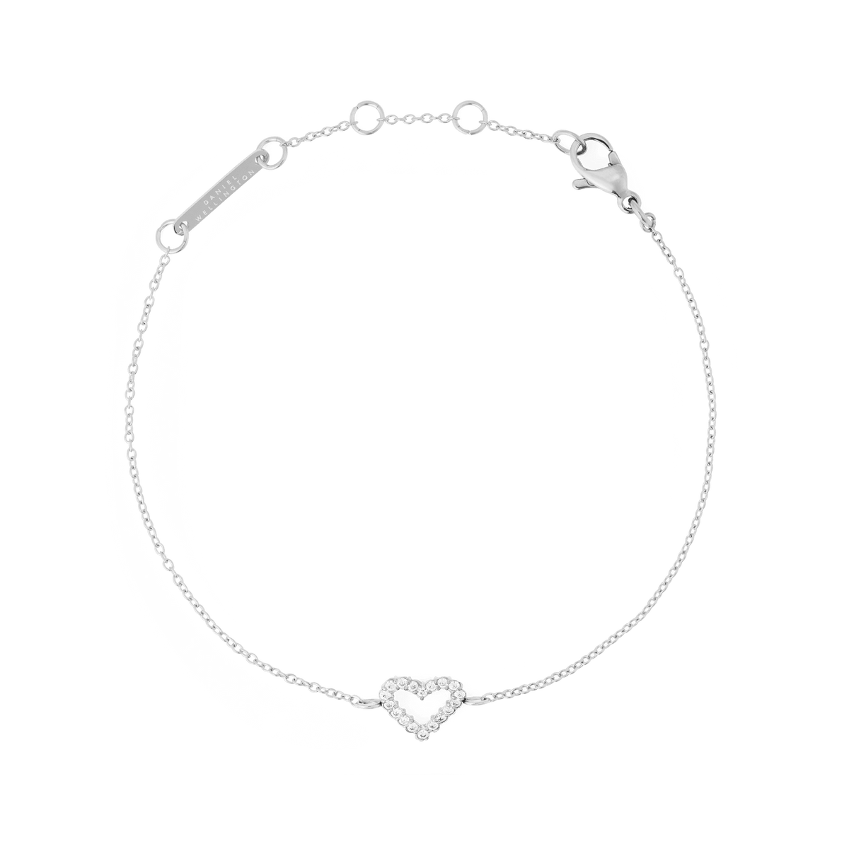 Slim silver bracelet with an open heart charm set with cubic zirconia stones, featuring an adjustable chain and secure clasp for comfortable everyday wear.
