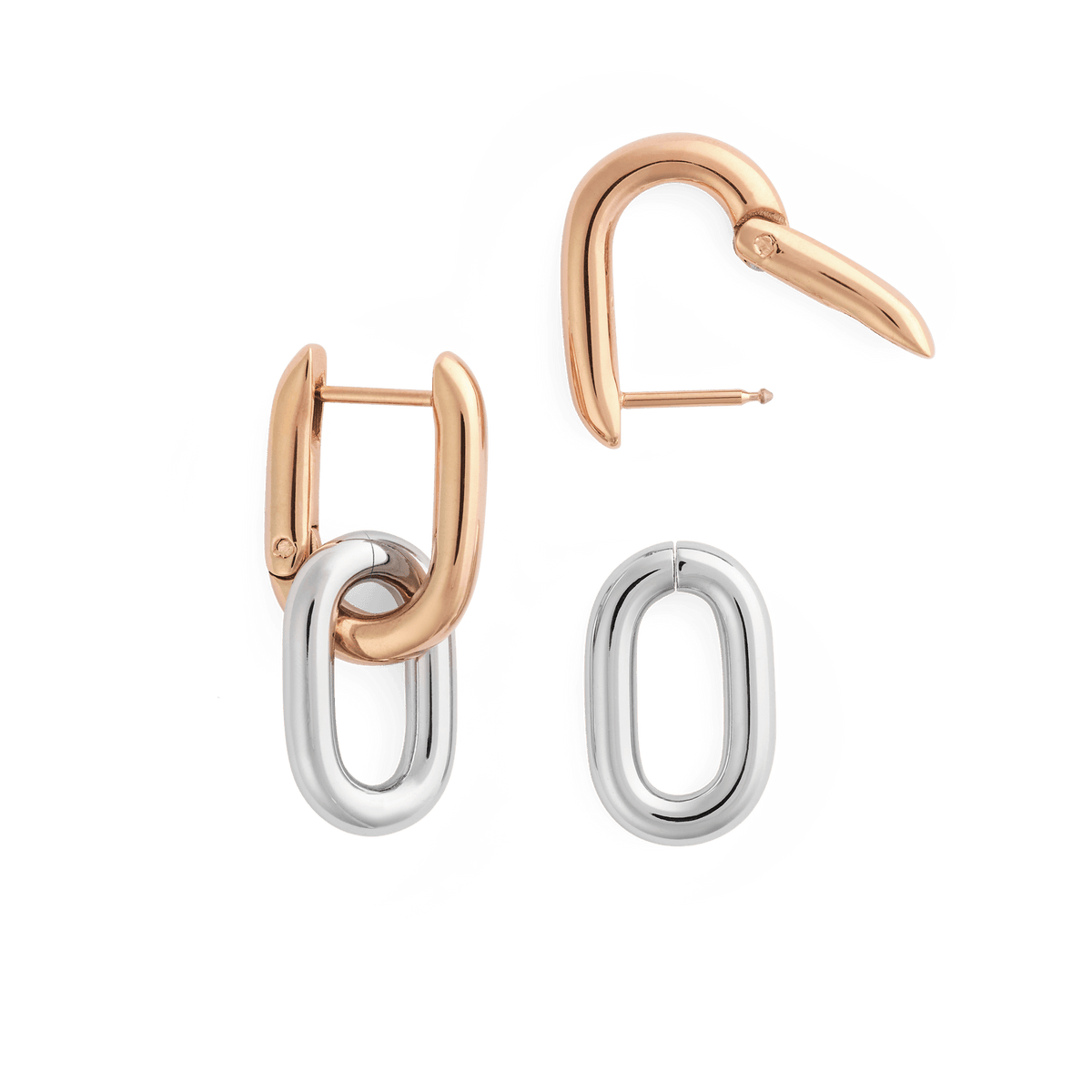 Contrast Link Earrings Two Tone Rose Gold shown with one earring open and the removable silver link detached, highlighting the versatile design and secure closure.