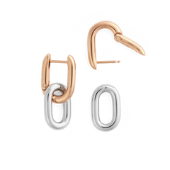 Contrast Link Earrings Two Tone Rose Gold shown with one earring open and the removable silver link detached, highlighting the versatile design and secure closure.