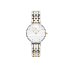 Elegant ladies watch with a two-tone gold and silver 5-link bracelet, white mother of pearl dial, and a bezel set with sparkling stones, designed for petite wrists and everyday wear.