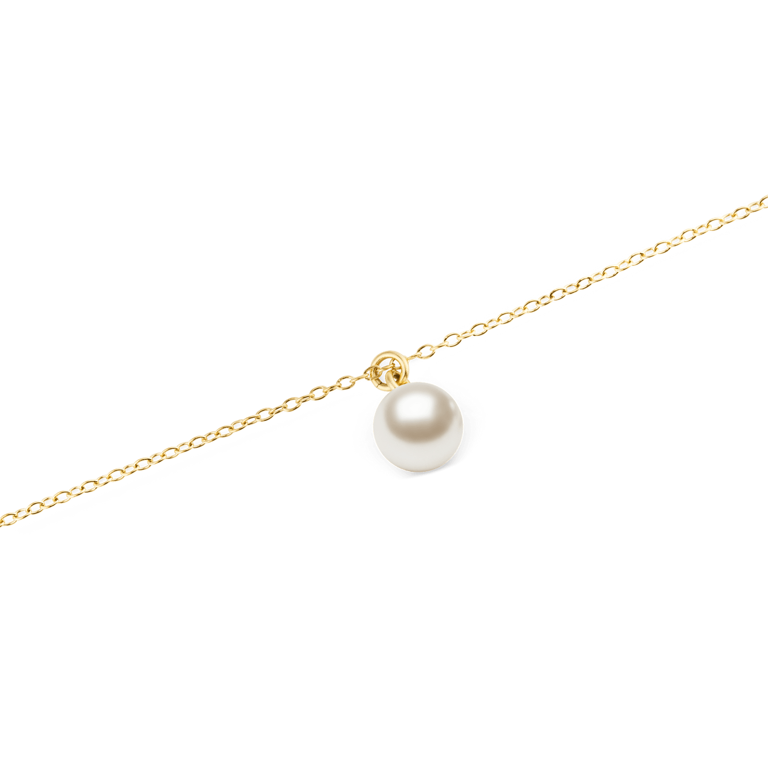 Close-up of the Pearl Necklace Gold showcasing a single Swarovski glass pearl pendant on a slim gold-toned chain, highlighting its minimalist and refined design.