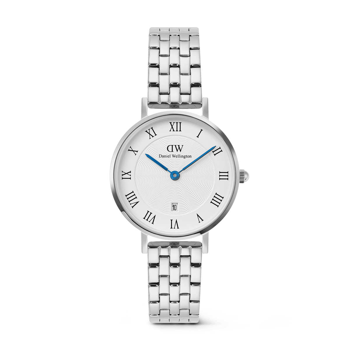Petite Roman Numerals Date 5-link Silver watch with a white guilloché dial, bold Roman numerals, blue hands, and a polished silver 5-link stainless steel bracelet, featuring a date window at 6 o’clock.