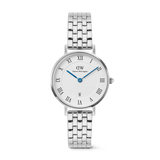 Petite Roman Numerals Date 5-link Silver watch with a white guilloché dial, bold Roman numerals, blue hands, and a polished silver 5-link stainless steel bracelet, featuring a date window at 6 o’clock.