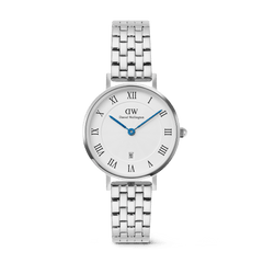 Petite Roman Numerals Date 5-link Silver watch with a white guilloché dial, bold Roman numerals, blue hands, and a polished silver 5-link stainless steel bracelet, featuring a date window at 6 o’clock.