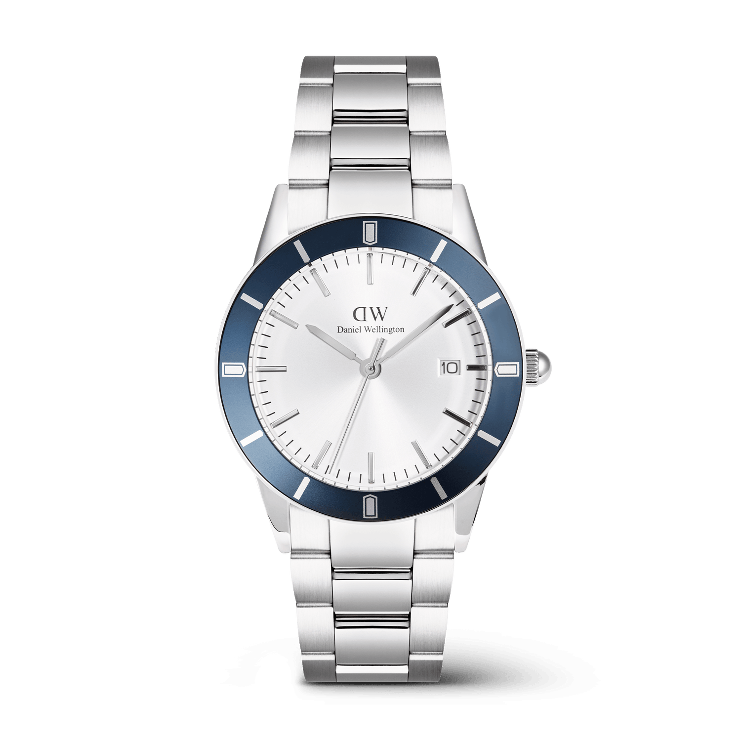 Men’s silver stainless steel watch with a 40mm white dial, bold blue bezel, minimalist index markings, and a three-link bracelet, featuring a date display and polished finish.