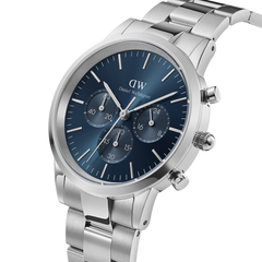 Iconic Chronograph Arctic S men's watch with a blue sunray dial, three stopwatch sub-dials, and a polished silver stainless steel bracelet, shown at an angle to highlight its sleek design and robust build.