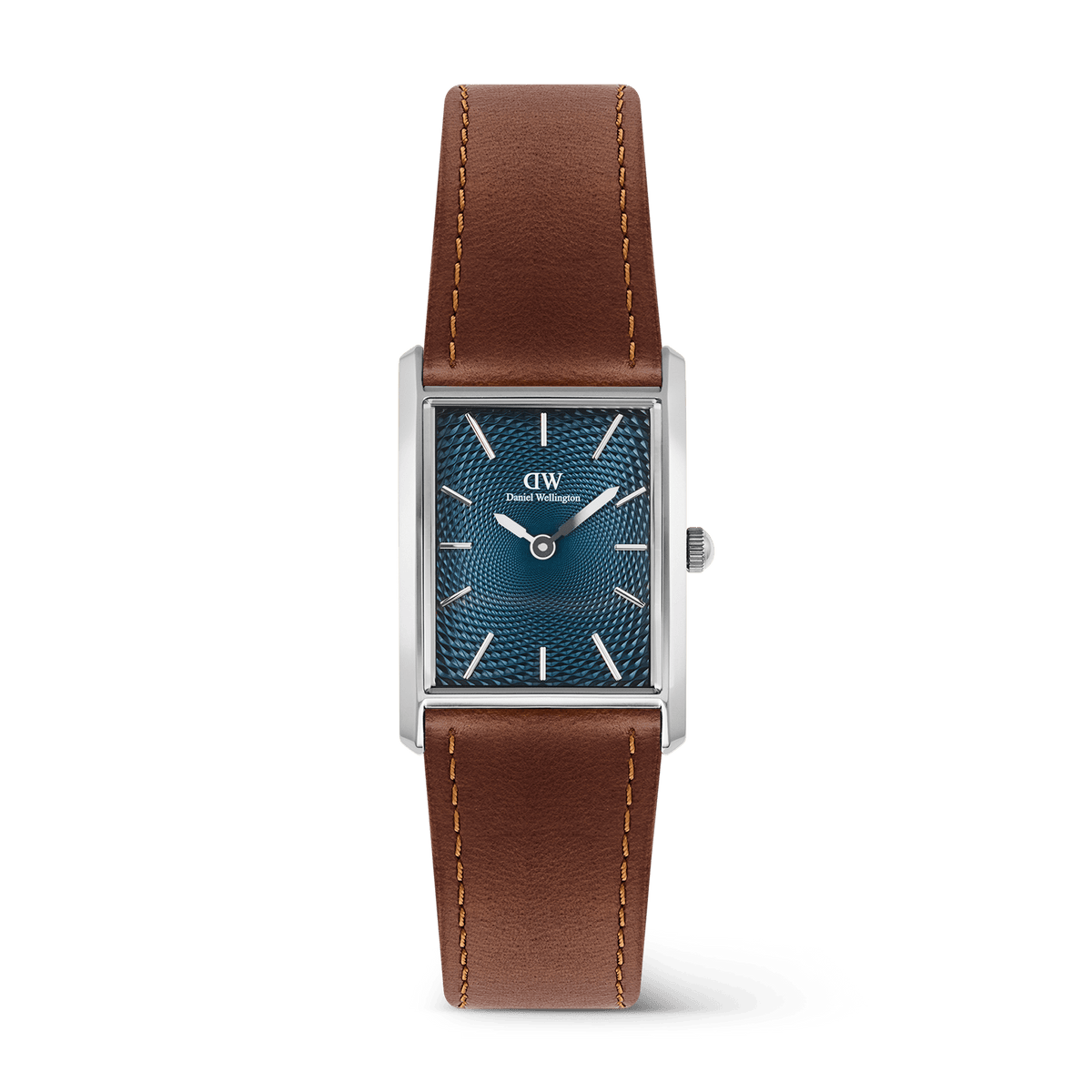Rectangular men's watch with a polished silver case, deep blue guilloché dial, and light brown leather strap with visible stitching, showcasing the refined and versatile style of the Daniel Wellington Bound Light Brown Arctic Guilloché Silver.
