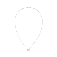 Rose gold Audrey Necklace featuring a domed mother of pearl pendant encircled by white cubic zirconia crystals, displayed on a delicate adjustable chain.