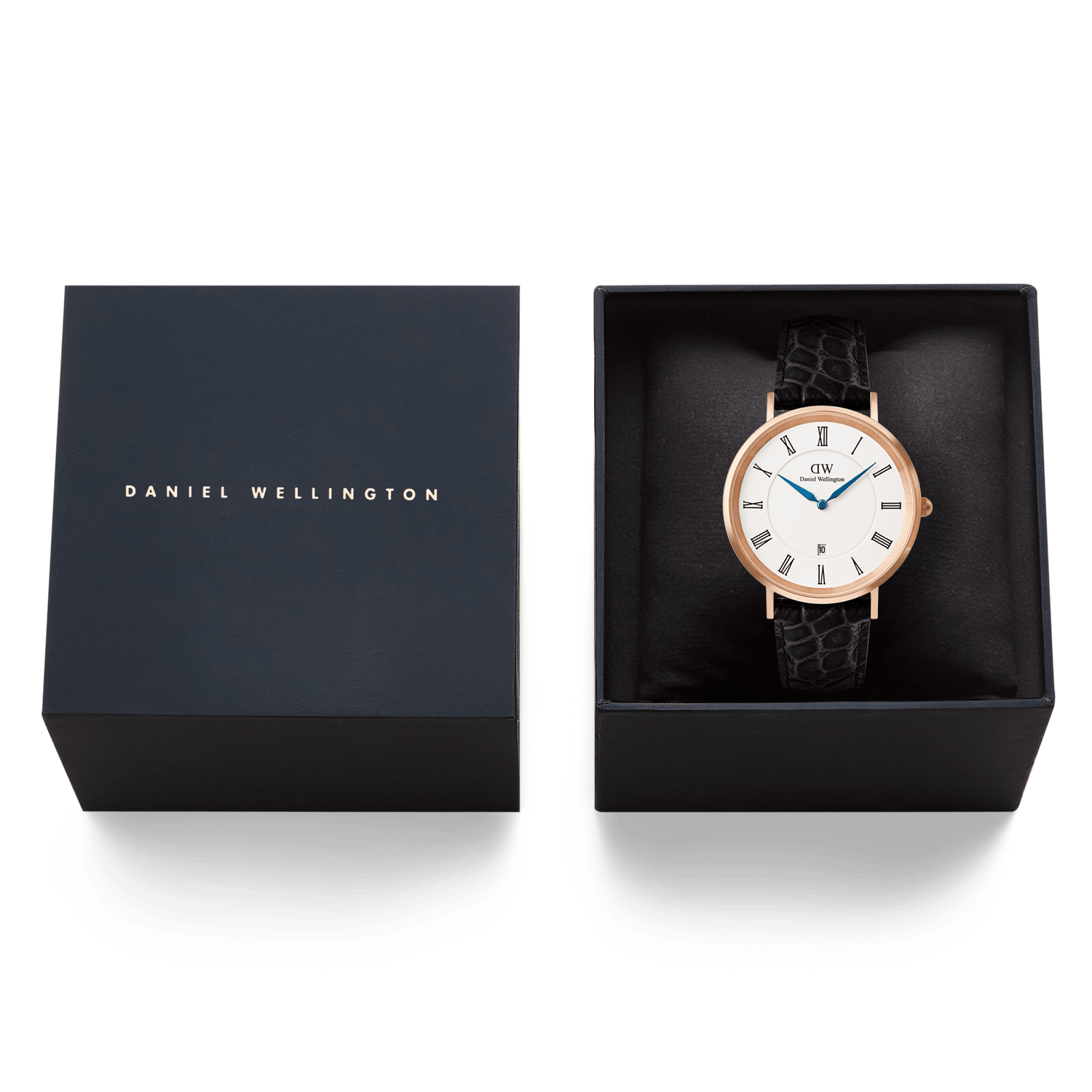 Classic Roman Numerals Date Black Croc Belly Rose Gold watch presented in a Daniel Wellington gift box, showing the rose gold case, white dial with Roman numerals, blue hands, and black croc-embossed leather strap.