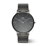Classic Piano Link Graphite Unitone men's watch featuring a 40mm brushed graphite dial, minimalist hour markers, and a geometric piano link stainless steel bracelet with a matte finish.