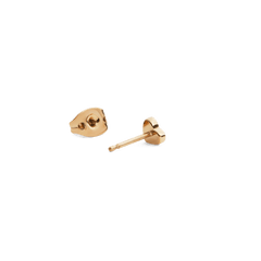 Gold heart-shaped stud earring with a butterfly back, shown from the side and back to highlight the polished finish and secure closure.