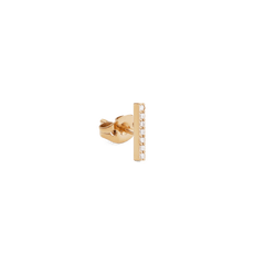 Crystal Bar Stud Gold earring featuring a slim bar with seven cubic zirconia crystals and a secure butterfly back, shown from a side angle to highlight its minimalist and elegant style.