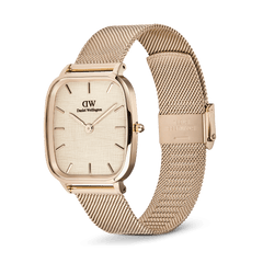 Marlon Melrose Linen men’s watch with a cushion-shaped rose gold case, linen-textured dial, minimalist hour markers, and an adjustable rose gold mesh strap.