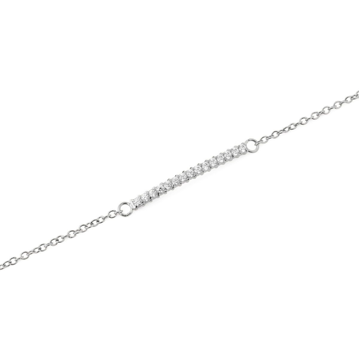 Close-up of the Mirelle Eternity Bracelet Silver showing a slender bar set with white cubic zirconia crystals on a fine silver chain, highlighting its minimalist and elegant design.