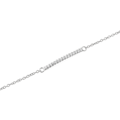 Close-up of the Mirelle Eternity Bracelet Silver showing a slender bar set with white cubic zirconia crystals on a fine silver chain, highlighting its minimalist and elegant design.