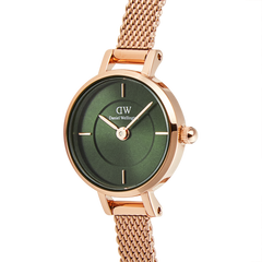 Petite Mini Emerald Melrose watch featuring a 19mm rose gold case, emerald green sunray dial with minimalist markers, and a slim rose gold mesh strap.