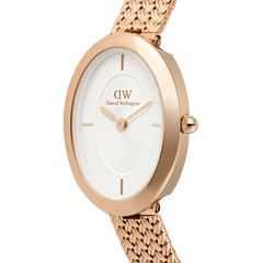 Close-up of the Juliette Braided Mesh White Sunray Rose Gold watch, highlighting the polished oval case, minimalist white sunray dial, and intricately woven rose gold mesh strap.