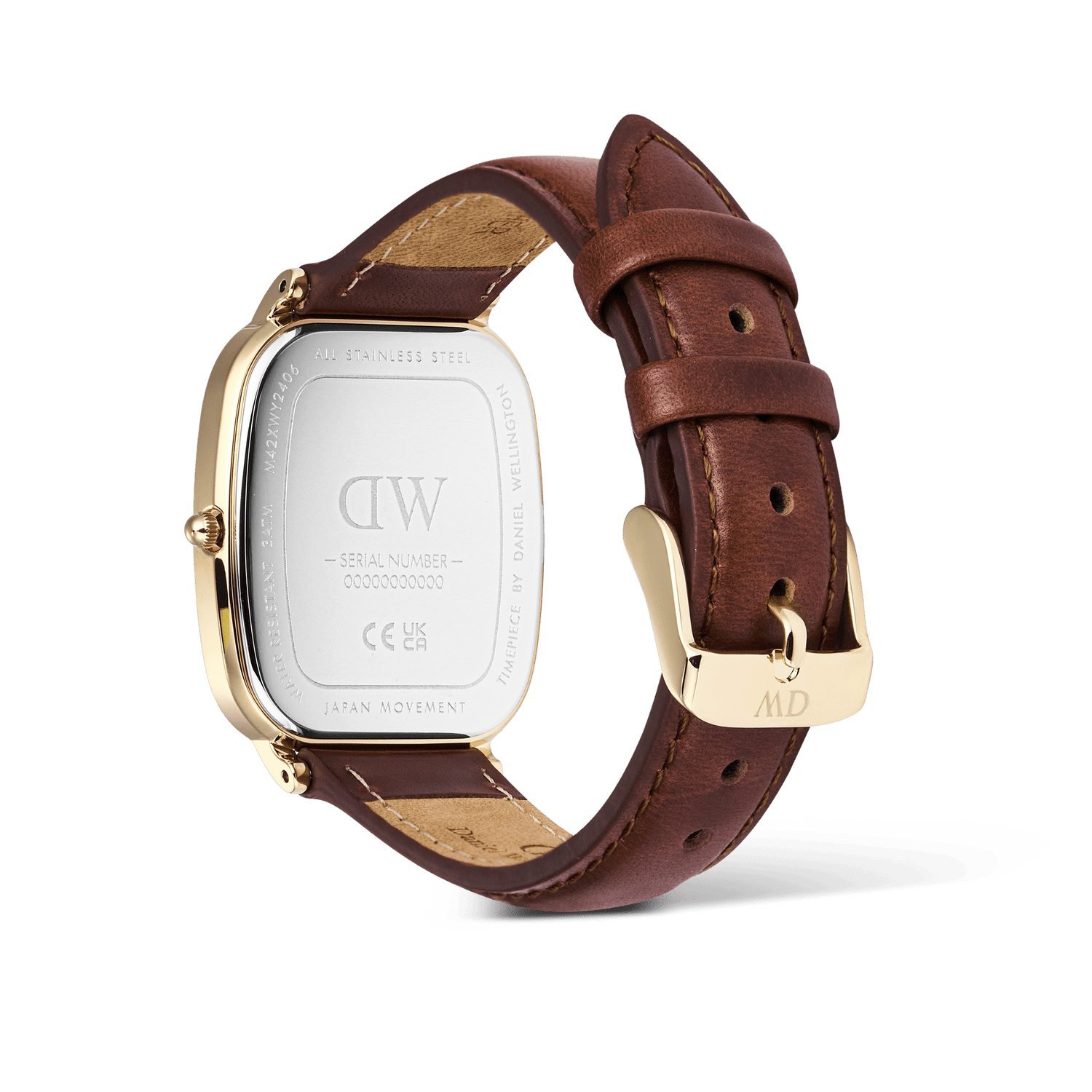 Rear view of the Daniel Wellington Marlon St Mawes Linen Gold men’s watch, showing the stainless steel case back, engraved gold buckle, and genuine brown leather strap.